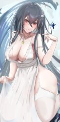 Rule 34 | 1girl, ahoge, azur lane, bare shoulders, bird, black hair, breasts, cafenami, cleavage, commentary request, dress, earrings, hair between eyes, highres, jewelry, large breasts, long dress, long hair, necklace, red eyes, resolution mismatch, sleeveless, sleeveless dress, solo, source larger, taihou (azur lane), taihou (temptation on the sea breeze) (azur lane), thighhighs, very long hair, wedding dress, white dress, white thighhighs
