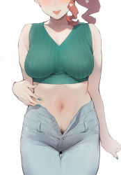 Rule 34 | 1girl, breasts, colored skin, commentary, cowboy shot, creatures (company), curly hair, drill hair, female pubic hair, game freak, green nails, green shirt, grey pants, head out of frame, ikuchan kaoru, large breasts, medium breasts, midriff, mismatched pubic hair, multicolored skin, nail polish, navel, nintendo, open mouth, orange hair, out of frame, pants, pokemon, pokemon swsh, pubic hair, pubic hair peek, shirt, sleeveless, smile, solo, sonia (pokemon), stomach, unzipped