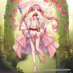 Rule 34 | 1girl, artist name, belt, bow, bowtie, breasts, cleavage, copyright name, drill hair, flower, gyakushuu no fantasica, hair flower, hair ornament, hairband, leaf, long hair, official art, petals, pink hair, potion, red eyes, solo, staff, teeth, twintails, uuhui