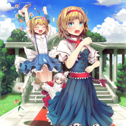 Rule 34 | 3girls, alice margatroid, alice margatroid (pc-98), arms up, blonde hair, blue dress, blue eyes, blue sky, bouquet, bridal veil, bride, building, capelet, child, cloud, culter, day, doll, dress, closed eyes, flower, hair bobbles, hair flower, hair ornament, hairband, jumping, multiple girls, one side up, open mouth, purple eyes, red dress, sash, shinki (touhou), shirt, short hair, silver hair, skirt, sky, smile, stairs, suspenders, time paradox, touhou, touhou (pc-98), tree, veil, wedding dress, aged down