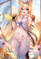 Rule 34 | 1girl, absurdres, animal ears, barcode tattoo, blonde hair, blue eyes, breasts, cameltoe, chixiao, cleavage, fang, g41 (girls&#039; frontline), girls&#039; frontline, gloves, hat, heterochromia, highres, long hair, looking at viewer, lowleg, lowleg panties, navel, nurse cap, open mouth, panties, paw pose, red eyes, small breasts, solo, tattoo, thighhighs, underwear