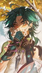 Rule 34 | 1boy, black hair, covering own mouth, facial mark, flower, forehead mark, genshin impact, ggelus, gloves, green hair, highres, looking at viewer, male focus, multicolored hair, pointy ears, shirt, sleeveless, sleeveless shirt, solo, tattoo, xiao (genshin impact), yellow eyes