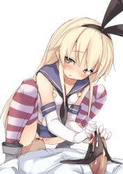 Rule 34 | 10s, 1boy, 1girl, admiral (kancolle), anchor, black panties, blonde hair, blush, censored, cum, cum on clothes, cunnilingus, elbow gloves, girl on top, gloved handjob, gloves, hairband, handjob, hetero, kantai collection, long hair, mokoke, navel, oral, panties, panties on penis, penis, personification, shimakaze (kancolle), sitting, sitting on face, sitting on person, skirt, solo focus, striped clothes, striped thighhighs, thighhighs, underwear, upskirt, white gloves