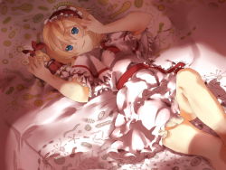 Rule 34 | 1girl, alice margatroid, bad id, bad pixiv id, bed, blonde hair, blue eyes, bow, dress, female focus, hairband, hand on own face, highres, lolita hairband, lying, pillow, shanghai doll, smile, solo, touhou, vava1