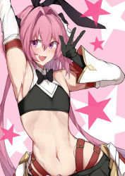 1boy absurdres arm_up armor armpits astolfo_(fate) astolfo_(saber)_(fate) astolfo_(saber)_(first_ascension)_(fate) bare_shoulders belt black_bow black_bowtie black_gloves black_ribbon black_shirt black_skirt blush bow bowtie crop_top detached_sleeves elbow_gloves fang fate/grand_order fate_(series) faulds gloves hair_between_eyes hair_bow hair_intakes hair_ribbon hand_up highres long_hair looking_at_viewer low_twintails male_focus midriff multicolored_hair nanakaku navel open_mouth pink_background pink_hair purple_eyes ribbon shirt skin_fang skirt smile solo star_(symbol) star_symbol_background streaked_hair trap twintails two-tone_background w white_background white_hair wing_collar