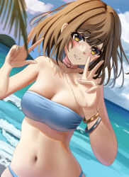 Rule 34 | 1girl, absurdres, aimi (tikichin0229), bandeau, bare arms, bare shoulders, bikini, blue bikini, blue sky, blush, breasts, brown eyes, brown hair, choker, cleavage, cloud, commentary request, day, double w, grin, hands up, highres, looking at viewer, medium breasts, navel, original, pink choker, short hair, sky, smile, solo, stomach, strapless, strapless bikini, swimsuit, tube top, upper body, w