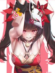 Rule 34 | 1girl, 1other, absurdres, anger vein, armpits, arms up, bell, black choker, black hair, breasts, choker, disembodied limb, flower tattoo, fox mask, highres, holding another&#039;s wrist, honkai: star rail, honkai (series), jingle bell, large breasts, long hair, looking at viewer, mask, mask on head, neck bell, nyeppu, o-ring, parted lips, purple eyes, solo focus, sparkle (honkai: star rail), tattoo, twintails, twitter username, upper body
