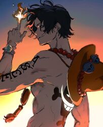 Rule 34 | 1boy, arm tattoo, back tattoo, bad id, bad twitter id, black eyes, black hair, bracelet, commentary, fire, freckles, hat, jewelry, log pose, looking at viewer, male focus, necklace, one piece, orange hat, portgas d. ace, profile, short hair, smile, solo, tattoo, torso, wudus6