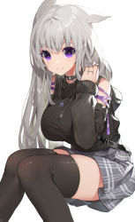 Rule 34 | 1girl, akizone, animal ears, belt, black choker, black shirt, black thighhighs, breasts, choker, clothing cutout, grey skirt, hand up, highres, invisible chair, jewelry, large breasts, long hair, long sleeves, looking at viewer, miniskirt, necklace, original, plaid, plaid skirt, pleated skirt, purple eyes, purple ribbon, ribbon, shirt, shoulder cutout, silver hair, simple background, sitting, skindentation, skirt, smile, solo, thighhighs, thighs, white background, zettai ryouiki