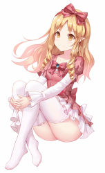 Rule 34 | 10s, 1girl, ass, blonde hair, bow, brown eyes, dress, drill hair, eromanga sensei, feet, full body, hairband, highres, hugging own legs, layered sleeves, lolita fashion, long hair, long sleeves, looking at viewer, mafuyu (867208837), no shoes, pink dress, pointy ears, red bow, short over long sleeves, short sleeves, simple background, sitting, solo, thighhighs, twin drills, white background, white thighhighs, yamada elf