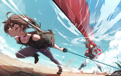 Rule 34 | 2girls, ahoge, artist name, belt, boots, brown eyes, brown hair, charging forward, choker, cloud, commentary request, crazy smile, cross-laced footwear, day, earrings, facial tattoo, fighting, floating hair, hair between eyes, heart, heart tattoo, high heels, highres, holding, holding sword, holding weapon, hoop earrings, huge weapon, jewelry, lace-up boots, long hair, motion blur, multiple girls, necktie, original, outdoors, pants, qian ye (qys3), qys3, red hair, short shorts, shorts, signature, sky, smile, standing, sword, tank top, tattoo, thighhighs, tian ling (qys3), weapon, white legwear, yellow eyes