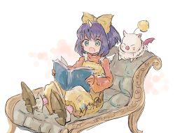 Rule 34 | 1girl, bob cut, book, boots, bow, brown footwear, chaise longue, eiko carol, final fantasy, final fantasy ix, flat chest, full body, gloves, green eyes, hair bow, holding, holding book, horns, long sleeves, mini wings, moogle, nocoyaki, open mouth, pink shirt, purple hair, reading, shirt, single horn, sitting, turtleneck, white background, wide-eyed, wings, yellow bow, yellow overalls