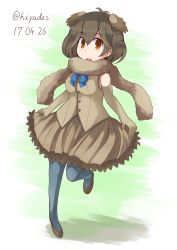 Rule 34 | 10s, 1girl, artist name, brown hair, dated, emu (kemono friends), feathered wings, feathers, full body, gloves, hanzaki hiya, kemono friends, open mouth, orange eyes, pantyhose, scarf, white background, wings