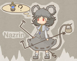 Rule 34 | 1girl, akihiyo, animal ears, basket, bishamonten&#039;s pagoda, blush stickers, capelet, dowsing rod, dress, english text, female focus, gem, grey hair, jewelry, lantern, mouse (animal), mouse ears, mouse tail, nazrin, necklace, pendant, red eyes, shoes, socks, solo, standing, tail, thought bubble, touhou