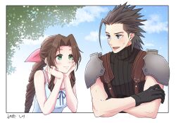 Rule 34 | 1boy, 1girl, aerith gainsborough, armor, bare shoulders, black gloves, black hair, blue eyes, blue sky, blush, braid, braided ponytail, brown hair, closed mouth, cloud, cloudy sky, couple, crisis core final fantasy vii, cross scar, crossed arms, day, dress, earrings, facial scar, final fantasy, final fantasy vii, gloves, green eyes, hair ribbon, hands on own chin, height difference, highres, jewelry, kt9 ct, leaf, long hair, looking at another, open mouth, outdoors, parted bangs, pink ribbon, ribbon, scar, scar on cheek, scar on face, shoulder armor, sky, sleeveless, sleeveless dress, smile, spiked hair, sweater, turtleneck, turtleneck sweater, upper body, zack fair