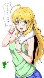 Rule 34 | 1girl, blonde hair, blush, breasts, clearite, frog, green eyes, highres, hoshii miki, idolmaster, idolmaster (classic), long hair, looking at viewer, medium breasts, open mouth, simple background, solo, translation request, transparent background, white background