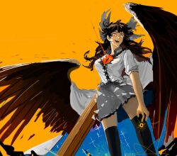 Rule 34 | 1girl, arm cannon, bird wings, black hair, black sun, black thighhighs, bow, breasts, brown hair, brown wings, buttons, cape, collared shirt, colored inner hair, commentary, control rod, feet out of frame, frilled shirt collar, frilled skirt, frills, grey bow, grey skirt, hair bow, howah18, long hair, looking at viewer, medium breasts, multicolored hair, open mouth, orange background, orange eyes, print cape, reiuji utsuho, shirt, short sleeves, skirt, smile, solo, starry sky print, sun, teeth, thighhighs, third eye, touhou, upper teeth only, weapon, white cape, white shirt, wings