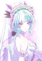 Rule 34 | 1girl, blue hair, bouquet, braid, dress, flower, grey background, long hair, looking at viewer, looking back, mel6969, multicolored background, peipain (show by rock!!), pink background, purple eyes, purple flower, purple rose, rose, show by rock!!, solo, veil, wedding dress, white dress