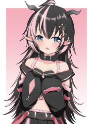 Rule 34 | 1girl, :o, ahoge, alternate hairstyle, belt, belt collar, black belt, black hair, black jacket, black skirt, black sleeves, blue eyes, blush, bra, collar, commentary request, cowboy shot, cropped jacket, demon girl, demon horns, detached sleeves, earrings, expressionless, fang, flat chest, flower, gradient background, grey horns, hair between eyes, hair flower, hair ornament, highres, horns, jacket, jewelry, long hair, long sleeves, looking at viewer, medium bangs, midriff, multicolored hair, nanashi inc., navel, off shoulder, oinomori may, oinomori may (1st costume), open mouth, pink background, pink bra, pink hair, pointy ears, single earring, skirt, sleeveless, sleeveless jacket, sleeves past wrists, solo, two-tone hair, underwear, very long hair, virtual youtuber, white background, yamapiyo