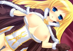 Rule 34 | 1girl, blonde hair, blue eyes, blush, breasts, cape, censored, clothes pull, gloves, high wizard (ragnarok online), kinoshita ichi, large breasts, lossy-lossless, nipples, no panties, pussy, ragnarok online, shirt pull, solo