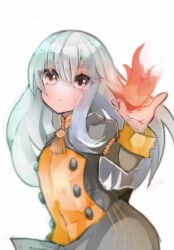 Rule 34 | 1girl, artist name, closed mouth, delaware3850, eyes visible through hair, fire, fire emblem, fire emblem: three houses, frown, garreg mach monastery uniform, grey hair, hair between eyes, hand up, highres, juliet sleeves, long hair, long sleeves, looking at viewer, lysithea von ordelia, nintendo, pink eyes, puffy sleeves, simple background, solo, uniform, white background
