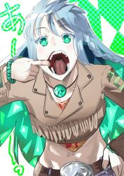 Rule 34 | 1girl, blue hair, colored eyelashes, colored inner hair, fate/grand order, fate (series), green eyes, green hair, highres, jewelry, kukulkan (fate), kukulkan (first ascension) (fate), mor (morfowfow), multicolored hair, necklace, open mouth, sharp teeth, solo, teeth