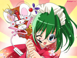 Rule 34 | 1girl, :3, ;d, = =, blue eyes, blush, blush stickers, dango, facepaint, feathers, floral print, folding fan, food, galge.com, glasses, green hair, hagoita, hand fan, hanetsuki, japanese clothes, japanese flag, kimono, lobster, looking at viewer, mouse (animal), mouse (galge.com), new year, one eye closed, open mouth, original, paddle, paper fan, scanner (galge.com), short hair, smile, sweatdrop, wagashi, watermark, web address