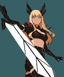 Rule 34 | 1girl, animification, ass, belt, blonde hair, cleavage cutout, clothing cutout, elbow gloves, elbow spikes, gloves, highleg shorts, highres, huge weapon, long hair, looking at viewer, magik (x-men), marvel, navel, new mutants, short shorts, shorts, simple background, smile, solo, spiked pauldrons, sushi pizza rrr, sword, weapon, x-men