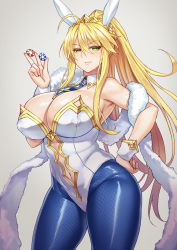 Rule 34 | 1girl, ahoge, artoria pendragon (all), artoria pendragon (fate), artoria pendragon (swimsuit ruler) (fate), between fingers, blonde hair, blue pantyhose, breasts, bright pupils, cleavage, closed mouth, covered erect nipples, cowboy shot, crown, fate/grand order, fate (series), fishnet pantyhose, fishnets, gold trim, green eyes, grey background, hair between eyes, hand on own hip, highres, holding, huge breasts, leotard, light smile, long hair, looking at viewer, navel, necktie, pantyhose, poker chip, ponytail, sidelocks, simple background, solo, thighs, very long hair, wrist cuffs, zhen lu