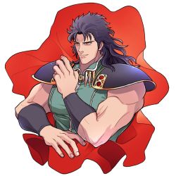 Rule 34 | 1boy, bad id, bad pixiv id, black hair, hokuto no ken, male focus, mayuzumi, muscular, red eyes, rei (hokuto no ken), shoulder pads, smile, solo, transparent background, upper body, wristband
