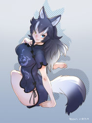 Rule 34 | 10s, 1girl, animal ears, arm support, bare arms, bare legs, barefoot, blue dress, blue eyes, breasts, china dress, chinese clothes, closed mouth, dress, full body, grey hair, grey wolf (kemono friends), hand on own chest, hand up, heterochromia, impossible clothes, impossible dress, kemono friends, large breasts, long hair, looking at viewer, looking back, multicolored hair, outstretched arm, roonhee, short sleeves, side slit, sitting, smile, soles, solo, tail, toes, twisted torso, white hair, wolf ears, wolf girl, wolf tail, yellow eyes