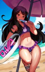 Rule 34 | 1girl, adapted costume, animal print, bare arms, bare shoulders, beach, beach umbrella, big hair, bikini, biting, blue bikini, blue sky, breasts, brown eyes, brown hair, character name, cloud, cloudy sky, collarbone, cowboy shot, d.va (overwatch), day, dripping, eating, facepaint, facial mark, food, frilled bikini, frills, groin, highres, holding, innertube, leg up, lim jaejin, long hair, looking at viewer, navel, no headwear, ocean, outdoors, overwatch, overwatch 1, popsicle, rabbit print, revision, sand, sandals, shade, shore, sky, small breasts, smile, solo, standing, standing on one leg, swept bangs, swim ring, swimsuit, teeth, thigh gap, umbrella, upper teeth only, whisker markings