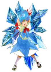 Rule 34 | 1girl, :d, arms behind head, bad id, bad pixiv id, black footwear, blue eyes, blue hair, bow, bowtie, cirno, floating hair, full body, ice, kodamahikari, mary janes, matching hair/eyes, open mouth, painting (medium), puffy short sleeves, puffy sleeves, shoes, short hair, short sleeves, skirt, skirt set, smile, socks, solo, touhou, traditional media, watercolor (medium), white background, white socks