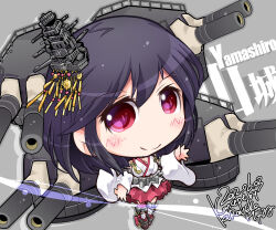 Rule 34 | 1girl, aiguillette, black hair, cannon, character name, chibi, detached sleeves, hair ornament, highres, japanese clothes, kantai collection, kuroneko (kuroneko works), nontraditional miko, red eyes, rigging, short hair, solo, turret, wide sleeves, yamashiro (kancolle)