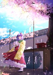 Rule 34 | 1girl, absurdres, black footwear, cherry blossoms, closed eyes, cloud, cloudy sky, detached sleeves, dress, falling petals, floral print, hieda no akyuu, highres, japanese clothes, kimono, nettian51, patterned clothing, petals, purple hair, red dress, short hair, sky, smile, socks, solo, touhou, white socks, yellow sleeves