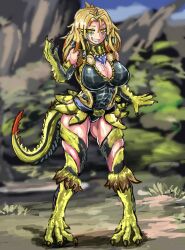 Rule 34 | 1girl, animal feet, animal hands, bare shoulders, belt, blonde hair, claws, cleavage cutout, clothing cutout, commentary request, facial tattoo, great jagras, grin, highres, leotard, looking at viewer, monster girl, monster hunter (series), personification, pointy ears, saliva, scarf, smile, solo, standing, tail, tattoo, thighs, udetamago, yellow eyes