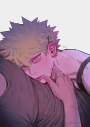 2boys, absurdres, bakugou katsuki, black tank top, blonde hair, boku no hero academia, closed mouth, commentary request, eyebrows visible through hair, from above, grey background, grey shirt, hair ornament, hairclip, highres, lips, looking at viewer, looking up, male focus, midoriya izuku, multiple boys, orange eyes, red eyes, scar on arm, shirt, short hair, signature, simple background, solo focus, spiked hair, tank top, wengwengchim, x hair ornament, yaoi
