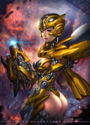 Rule 34 | 1girl, arm cannon, armor, ass, ass cutout, blue eyes, breasts, bumblebee, cleavage, cleavage cutout, clothing cutout, cowboy shot, explosion, highres, large breasts, lens flare, neoartcore, personification, revealing clothes, scratches, smoke, solo, sparks, standing, transformers, transformers (live action), watermark, weapon, web address