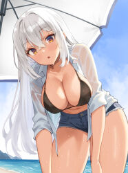 Rule 34 | 1girl, :o, beach, beach umbrella, bikini, bikini top only, black bikini, blush, breasts, brown eyes, cleavage, collarbone, crossed bangs, denim, denim shorts, hair between eyes, highres, large breasts, leaning forward, long hair, looking at viewer, murata taichi, navel, open clothes, open shirt, original, outdoors, see-through, see-through shirt, shirt, short shorts, shorts, solo, swimsuit, tan, thick thighs, thighs, umbrella, very long hair, wet, wet clothes, wet shirt, white hair, white shirt