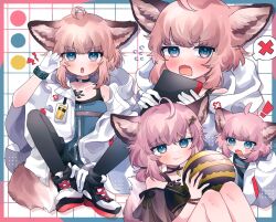 Rule 34 | 1girl, :o, animal ears, arknights, bikini, black bikini, black pantyhose, blue dress, blue eyes, blush, border, bracelet, brown hair, chibi, clipboard, closed mouth, coat, color switch, commentary, dress, embarrassed, food, fox ears, fox girl, fox tail, fruit, gloves, highres, holding, holding clipboard, holding food, hood, hooded coat, infection monitor (arknights), jewelry, knees up, material growth, multicolored border, multiple views, nervous, off-shoulder bikini, off shoulder, official alternate costume, open clothes, open coat, open mouth, oripathy lesion (arknights), pantyhose, pink hair, shoes, short hair, sidelocks, smile, sneakers, spoken x, sussurro (arknights), sussurro (summer flower) (arknights), swimsuit, tail, takumi mizuki, watermelon, white coat, white footwear, white gloves, zipper, zipper dress