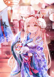 Rule 34 | 1girl, :d, animal ear fluff, animal ears, bag, bagged fish, blue kimono, blurry, blurry background, blush, commentary request, depth of field, fish, floral print, fox mask, goldfish, hair between eyes, hand fan, highres, holding, holding fan, japanese clothes, kimono, lantern, light brown hair, long hair, long sleeves, looking at viewer, mask, mask on head, mutang, obi, open mouth, original, paper fan, paper lantern, print kimono, sash, sleeves past fingers, sleeves past wrists, smile, solo, uchiwa, very long hair, wide sleeves, yellow eyes, yukata