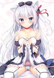 Rule 34 | 1girl, animal ears, azur lane, bare shoulders, blue eyes, blush, bow, breasts, cameltoe, cat ears, choker, cleavage, cleft of venus, clothes lift, collarbone, dress, dress lift, fingernails, frilled dress, frills, garter straps, hair bow, hair ornament, hammann (azur lane), highres, lifting own clothes, long hair, looking at viewer, medium breasts, one side up, panties, silver hair, sitting, solo, spread legs, striped clothes, striped panties, tearing up, tears, thighhighs, tomoo (tomo), tsurime, underwear, wariza, wrist cuffs