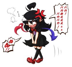 Rule 34 | 1girl, ahoge, anger vein, angry, asymmetrical wings, black hair, dress, fang, houjuu nue, open mouth, pointy ears, red eyes, short hair, skirt, solo, thighhighs, touhou, translation request, wings, ziogon