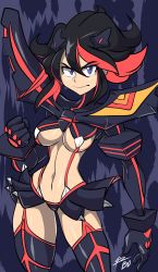 Rule 34 | 10s, 1girl, bigdead, black hair, boots, breasts, female focus, hairpods, highres, kill la kill, large breasts, matoi ryuuko, multicolored hair, red hair, revealing clothes, senketsu, short hair, skirt, standing, thigh boots, thighhighs, two-tone hair, underboob