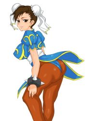 Rule 34 | 1girl, ass, bad id, bad pixiv id, bracelet, brown eyes, brown hair, bun cover, capcom, china dress, chinese clothes, chun-li, double bun, dress, hair bun, jewelry, madarame, pantyhose, pelvic curtain, red pantyhose, short hair, simple background, smile, solo, spiked bracelet, spikes, street fighter, white background