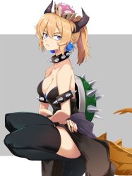 Rule 34 | 1girl, armlet, bare shoulders, black dress, black thighhighs, blue eyes, bowsette, bracelet, breasts, cleavage, collar, crown, dress, earrings, fang, from side, full body, jewelry, kanameya, looking to the side, mario (series), medium breasts, new super mario bros. u deluxe, nintendo, pointy ears, ponytail, sleeveless, sleeveless dress, solo, spiked armlet, spiked bracelet, spiked collar, spiked shell, spikes, squatting, strapless, strapless dress, tail, thighhighs