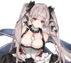 Rule 34 | 1girl, absurdly long hair, azur lane, bad id, bad pixiv id, between breasts, black dress, breasts, cleavage, dress, earrings, formidable (azur lane), frilled dress, frills, grey hair, hair ribbon, holding, holding clothes, holding dress, jewelry, kanengomi, large breasts, long hair, red eyes, ribbon, rigging, simple background, solo, twintails, two-tone dress, two-tone ribbon, very long hair, white background