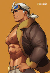 Rule 34 | 1boy, abs, alternate muscle size, bara, bare pectorals, belt, belt buckle, brown belt, brown jacket, buckle, closed mouth, cowboy shot, creatures (company), dark-skinned male, dark skin, friede (pokemon), game freak, goggles, goggles on head, highres, jacket, large pectorals, long sideburns, long sleeves, looking at viewer, looking to the side, male focus, muscular, muscular male, navel hair, nintendo, no shirt, open clothes, open jacket, pants, pectorals, pokemon, pokemon (anime), pokemon horizons, ponytail, ruisselait, sideburns, textless version, thick eyebrows, yellow eyes