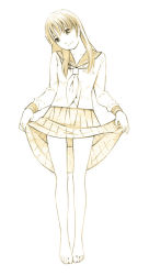 Rule 34 | 1girl, barefoot, clothes lift, feet, long hair, looking at viewer, monochrome, original, pleated skirt, school uniform, simple background, sketch, skirt, skirt lift, solo, traditional media, white background, yoshitomi akihito