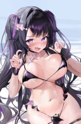 Rule 34 | 1girl, absurdres, bikini, black bikini, black hair, blush, breasts, character request, choyeon, copyright request, demon tail, highres, large breasts, long hair, looking at viewer, multicolored hair, nail polish, navel, purple eyes, purple hair, solo, swimsuit, tail, thigh strap, twintails, two-tone hair, wet